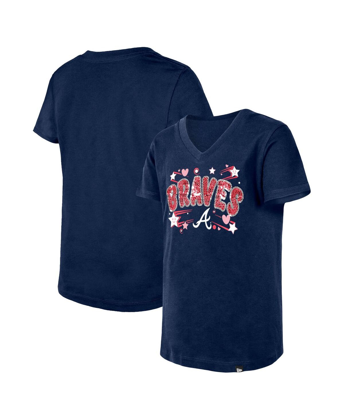 New Era Kids' Big Girls  Navy Atlanta Braves Sequin V-neck T-shirt