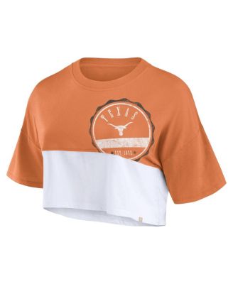 Women's Texas Orange, White Distressed Texas Longhorns Oversized Badge Colorblock Cropped T-shirt