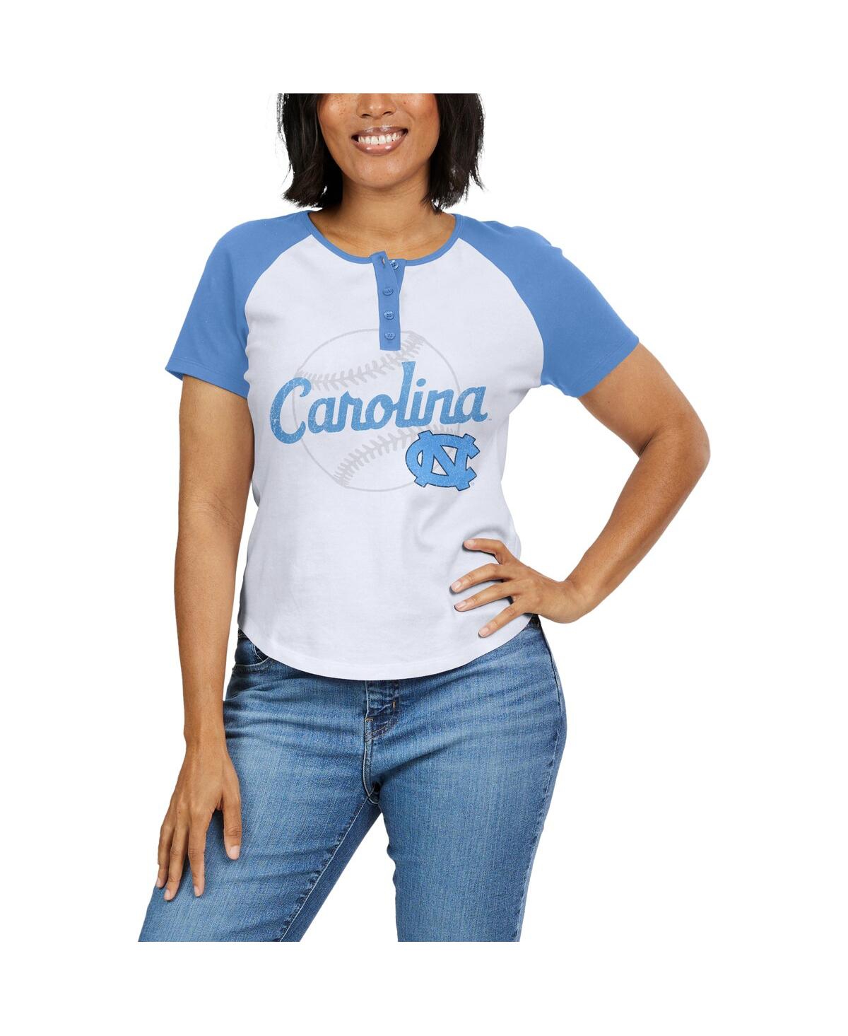 Shop Wear By Erin Andrews Women's  White Distressed North Carolina Tar Heels Baseball Logo Raglan Henley T