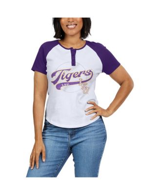 Women's White Distressed LSU Tigers Baseball Logo Raglan Henley T-shirt