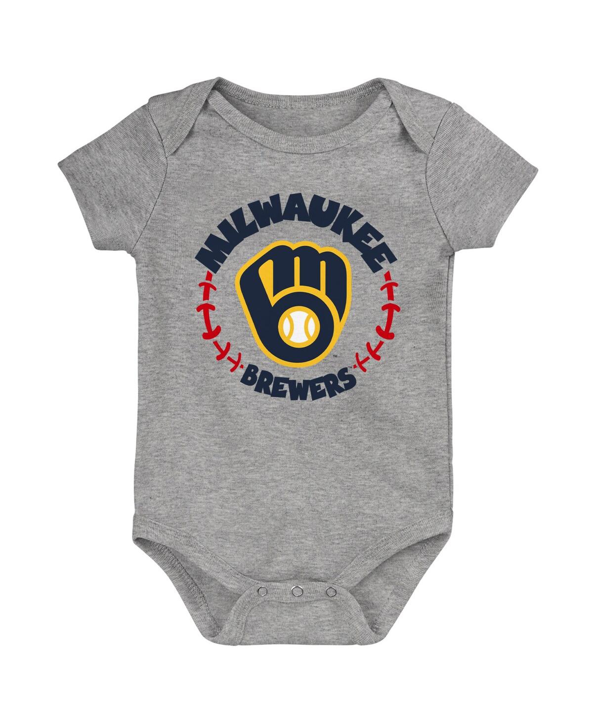 Outerstuff Newborn And Infant Boys And Girls Gold, White, Heather Gray Milwaukee Brewers Biggest Little Fan 3-p In Gold,white,heather Gray