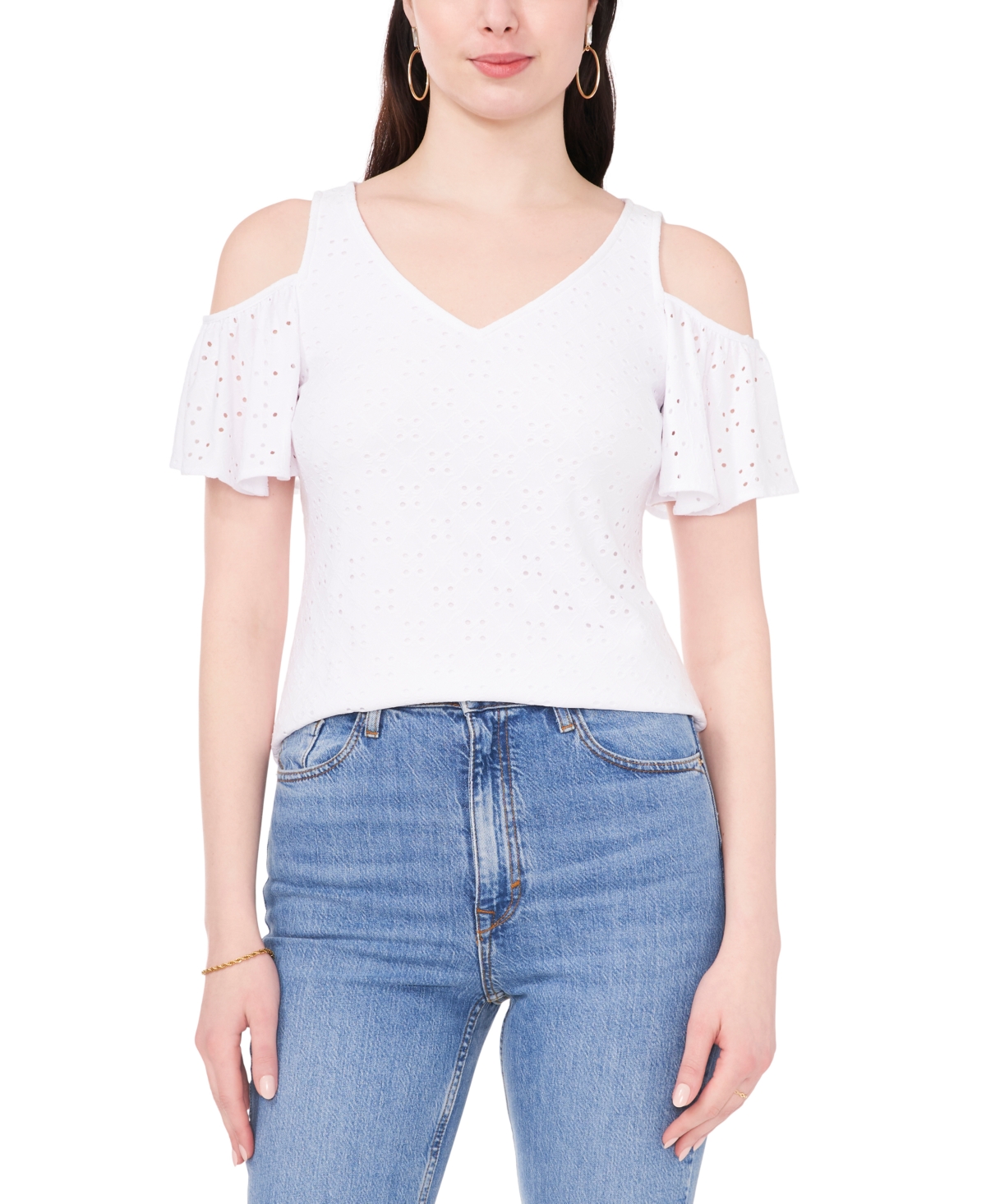 Shop Sam & Jess Petite Knit Eyelet Cold-shoulder Top In Ultra White