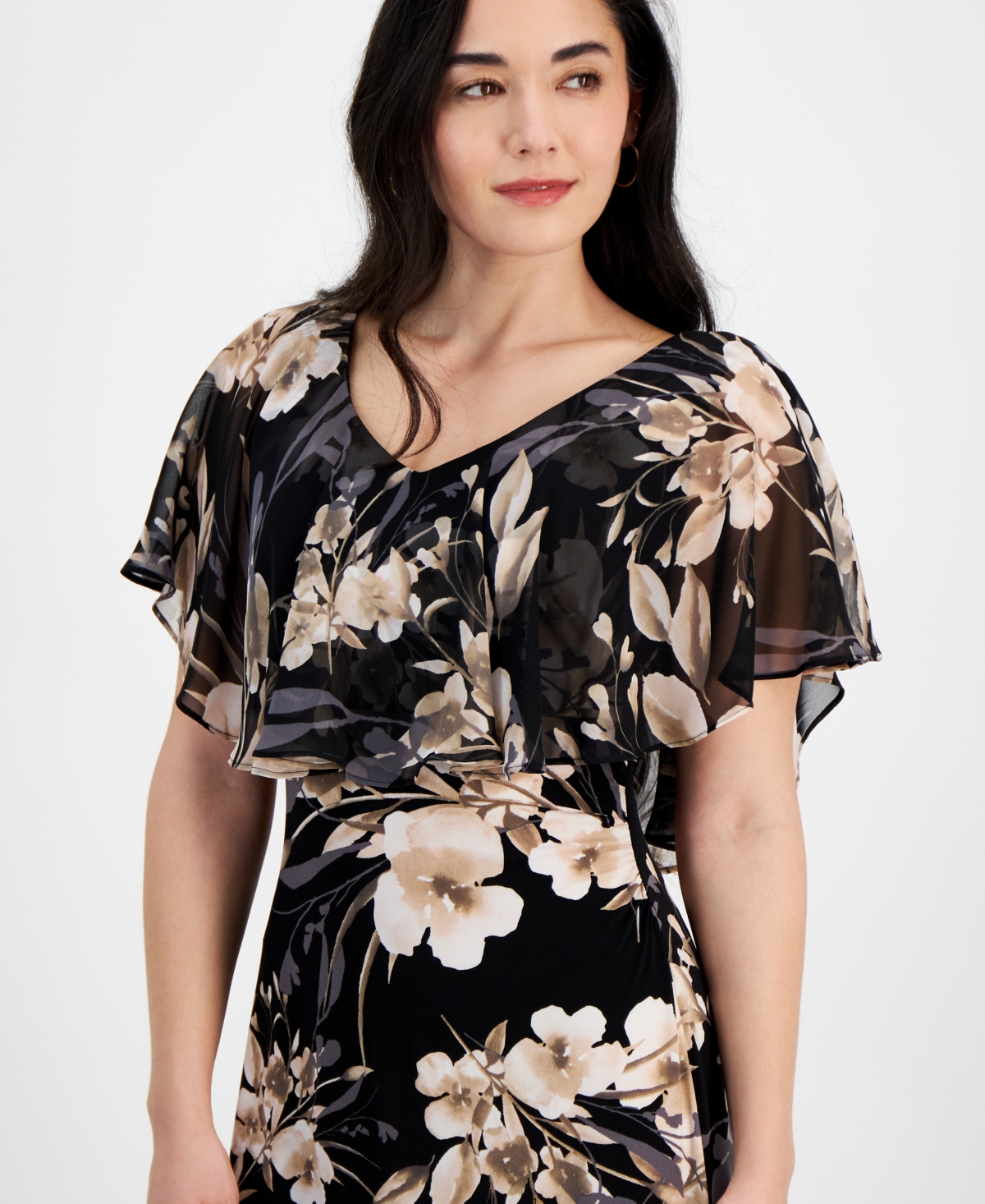Shop Connected Petite V-neck Floral Cape Midi Dress In Taupe