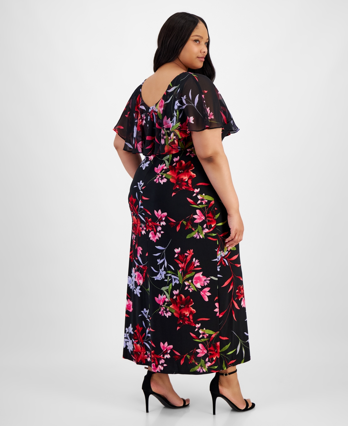 Shop Connected Plus Size V-neck Floral Cape Maxi Dress In Red