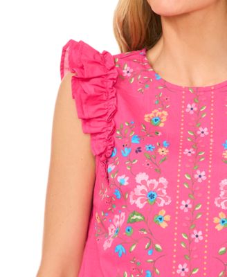 Women's Floral Print Ruffled Sleeve Crewneck Blouse