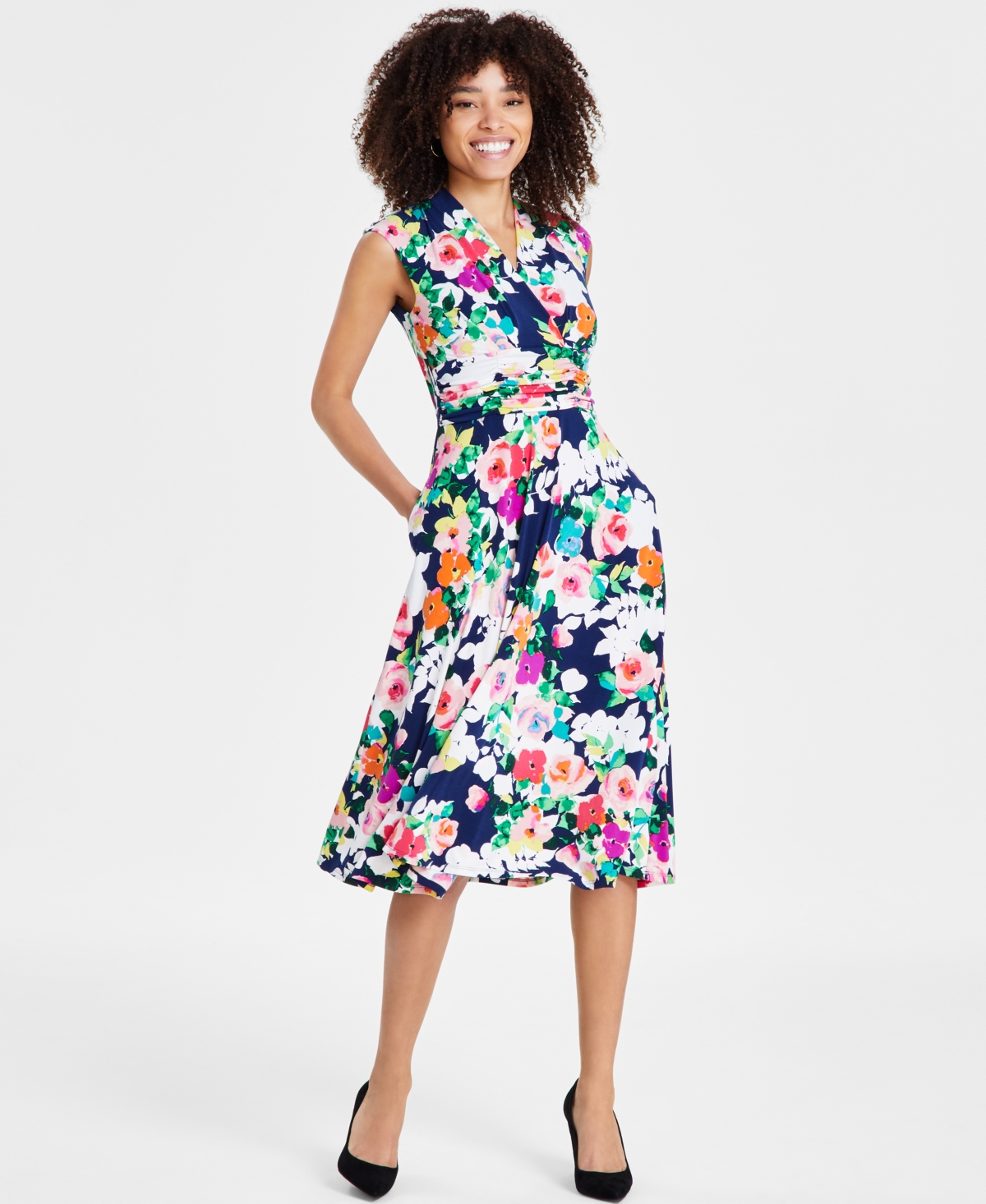 Women's Sleeveless Floral Fit & Flare Dress - Navy Ivory