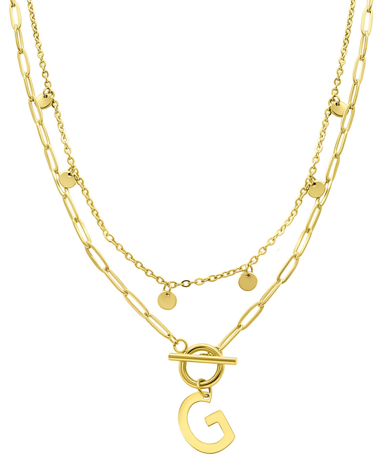 Tarnish Resistant 14K Gold-Plated Confetti and Paperclip Layered Initial Toggle Necklace