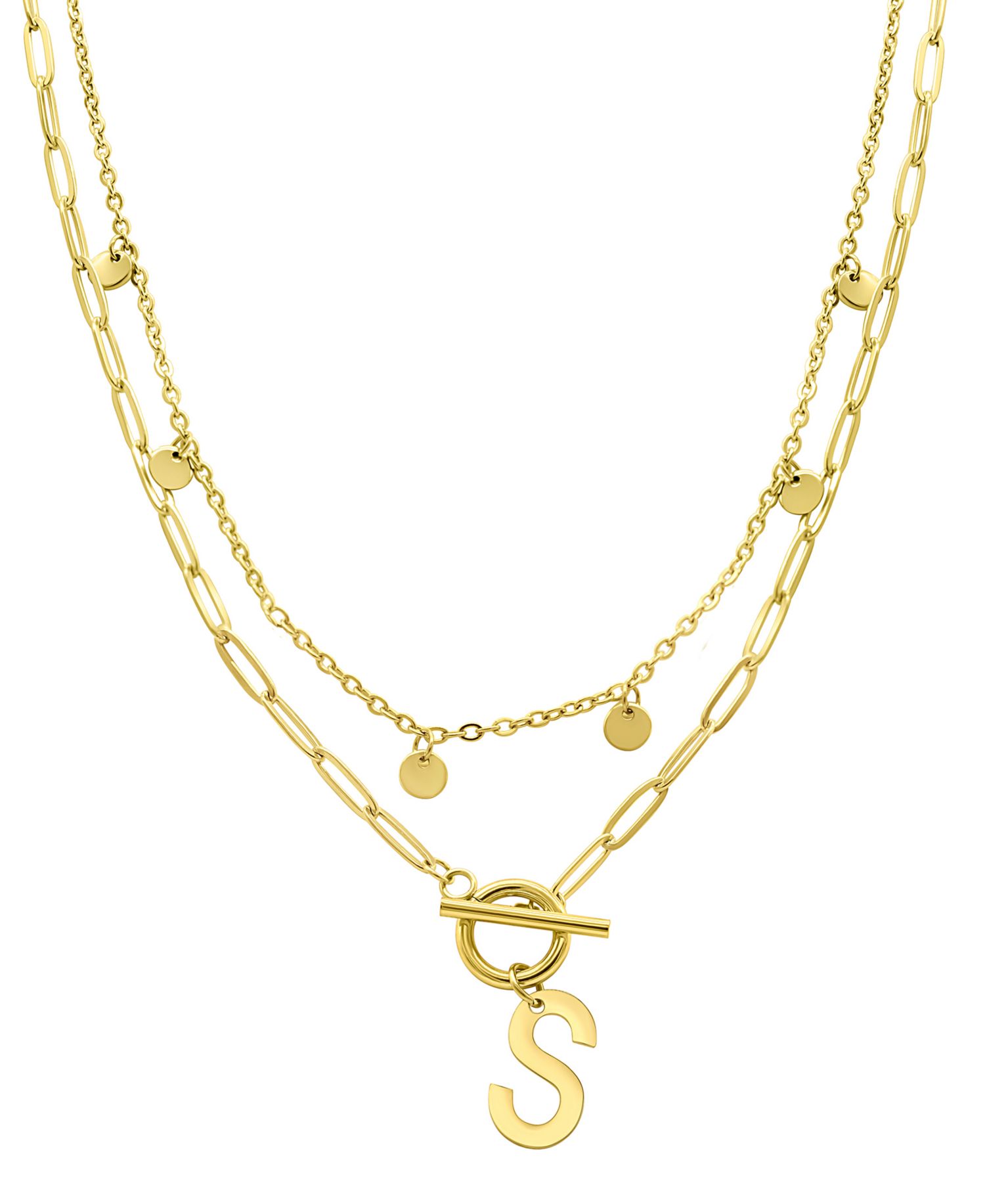 Tarnish Resistant 14K Gold-Plated Confetti and Paperclip Layered Initial Toggle Necklace