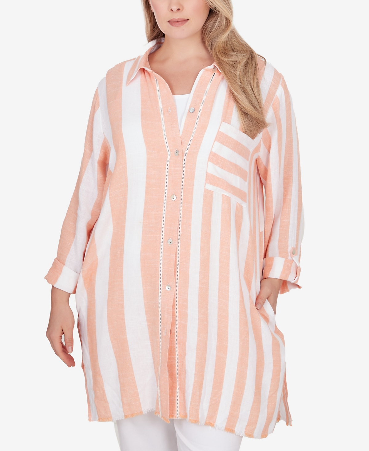 Ruby Rd. Plus Size Woven Linen-blend Shirt Dress In Cantaloupe Multi