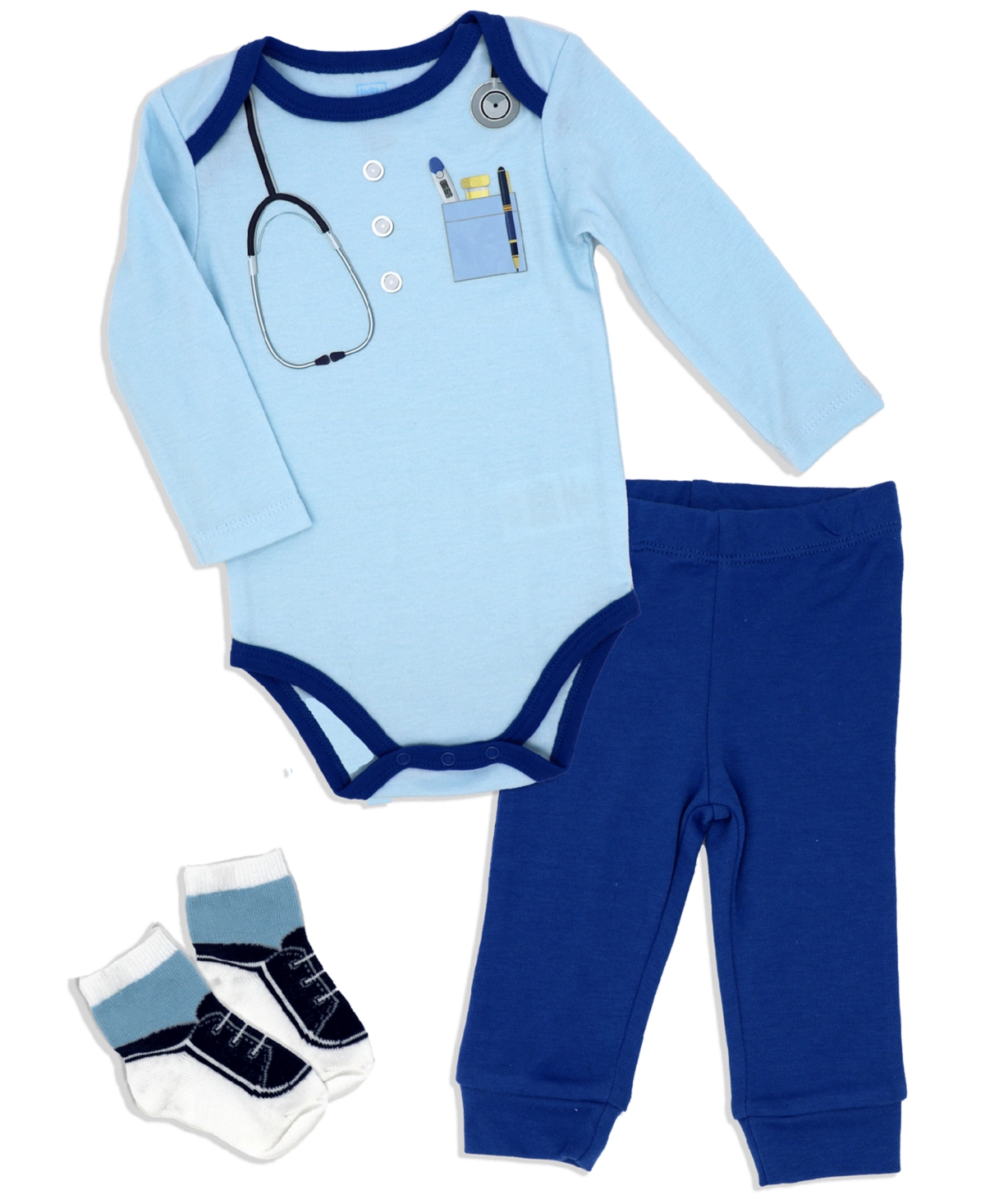Shop Baby Mode Baby Boys Doctor Long Sleeve Bodysuit, Pants And Socks, 3 Piece Set In Blue
