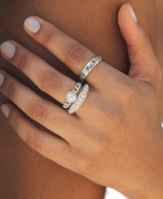 Cubic Zirconia Genuine Shell Pearl Kimber Stacking 3 Piece Ring Set