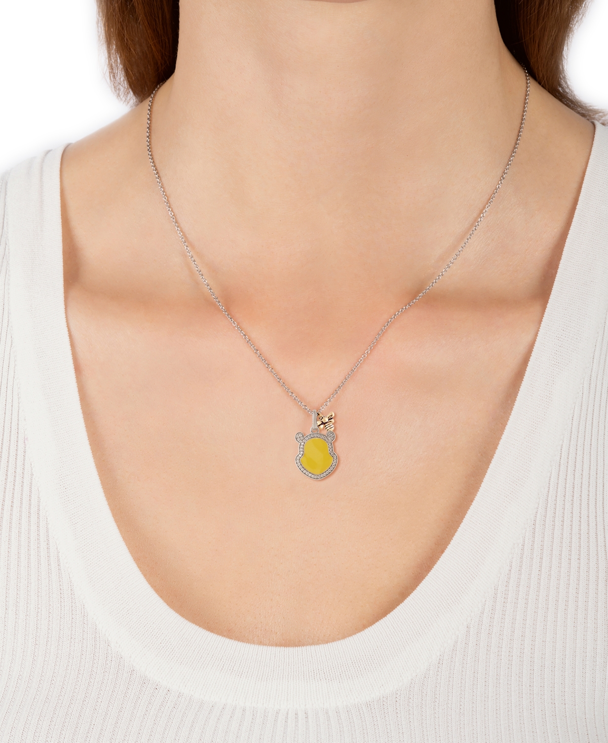 Wonder Fine Jewelry Disney  Diamond & Enamel Winnie The Pooh & Honeybee 18" Pendant Necklace (1/6 Ct. In Yellow Gol