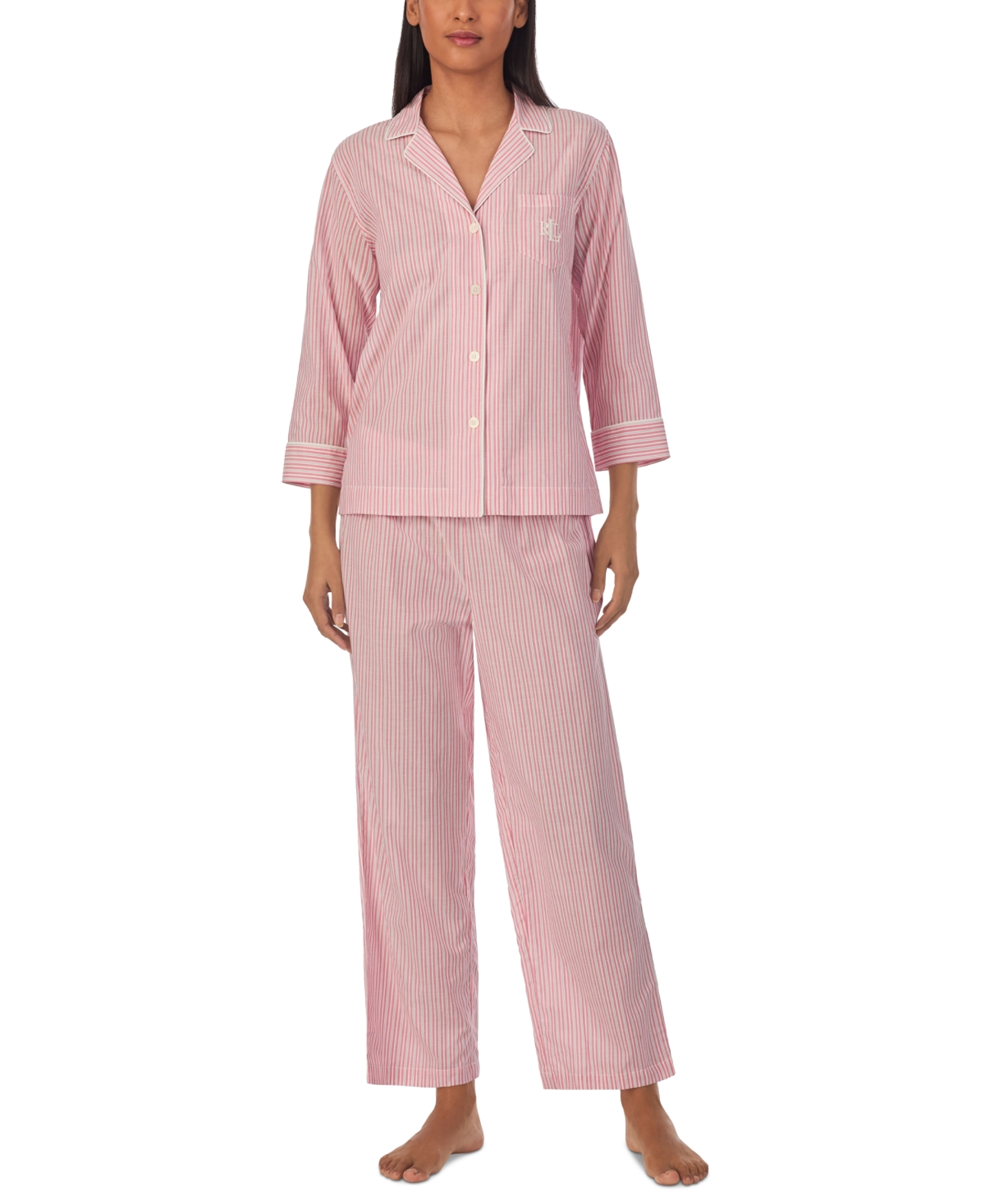 Shop Lauren Ralph Lauren Women's 2-pc. 3/4-sleeve Printed Pajamas Set In Pink Stripe