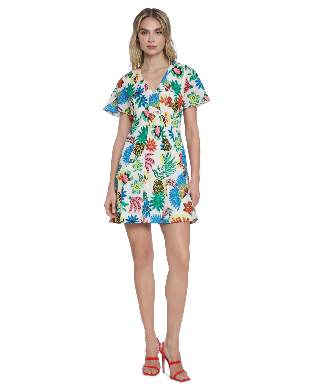 Shop Donna Morgan Women's Cotton Tropical-print Mini Dress In Ivory,pool Blue