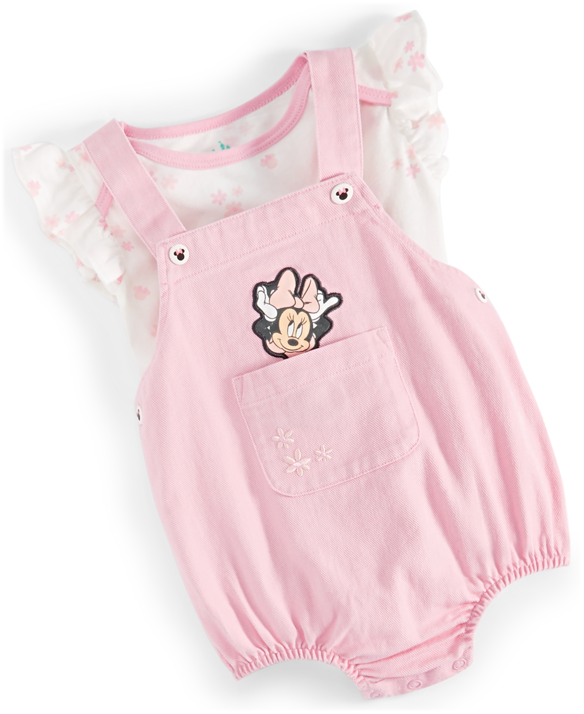 Shop Disney Baby Girls Minnie Mouse Bodysuit & Woven Denim Shortall, 2 Piece Set In Pink