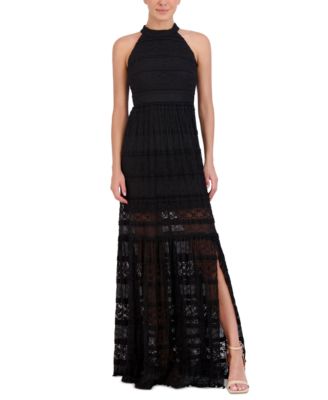 Eliza fashion j lace mock neck hi lo gown