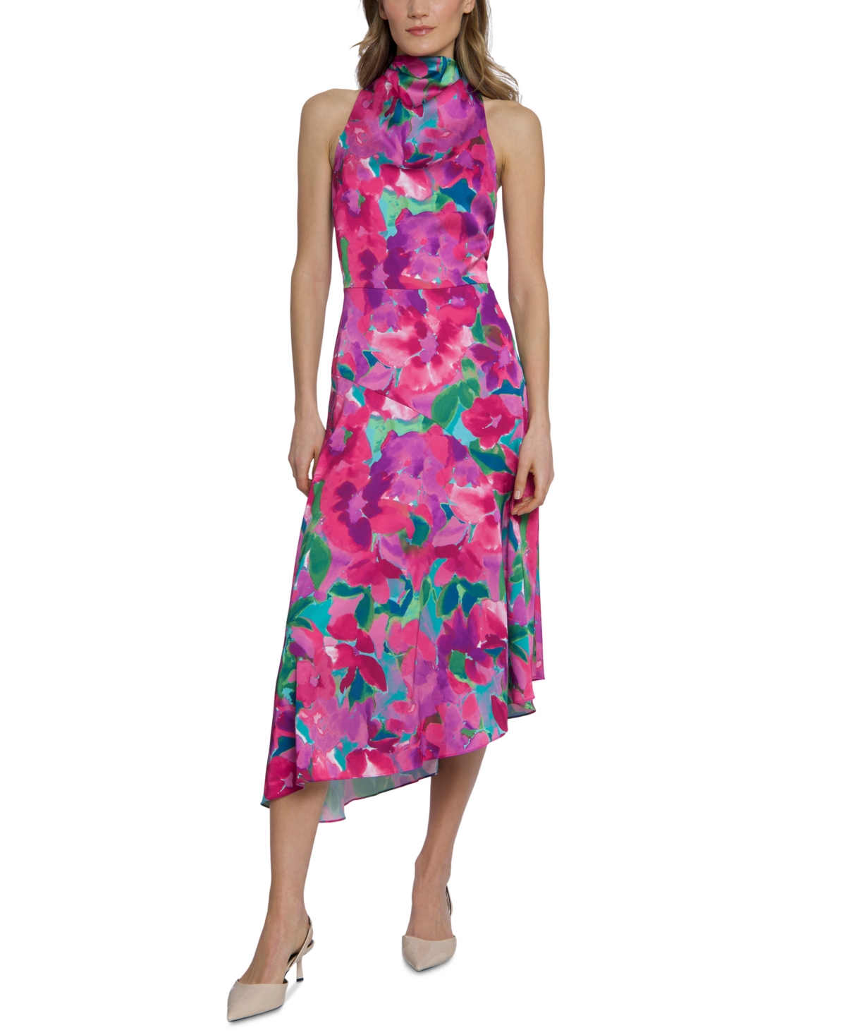 Women's Floral Cowlneck Asymmetric Dress - Aqua/pink