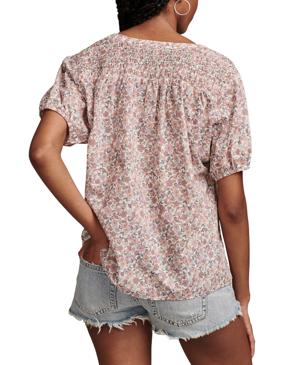Lucky Brand Women's Printed Cotton Smocked-Trim Blouse
