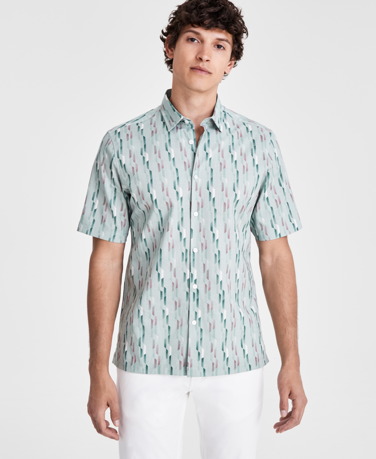 Men's Nightfall Regular-Fit Geo-Print Button-Down Shirt, Created for Macy's - Mint Sugar