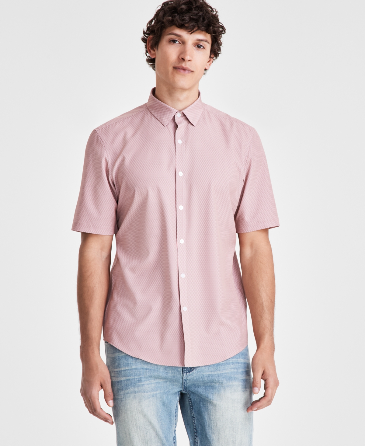 Men's Geometric Short Sleeve Button Front Performance Shirt, Created for Macy's - Pottery Clay