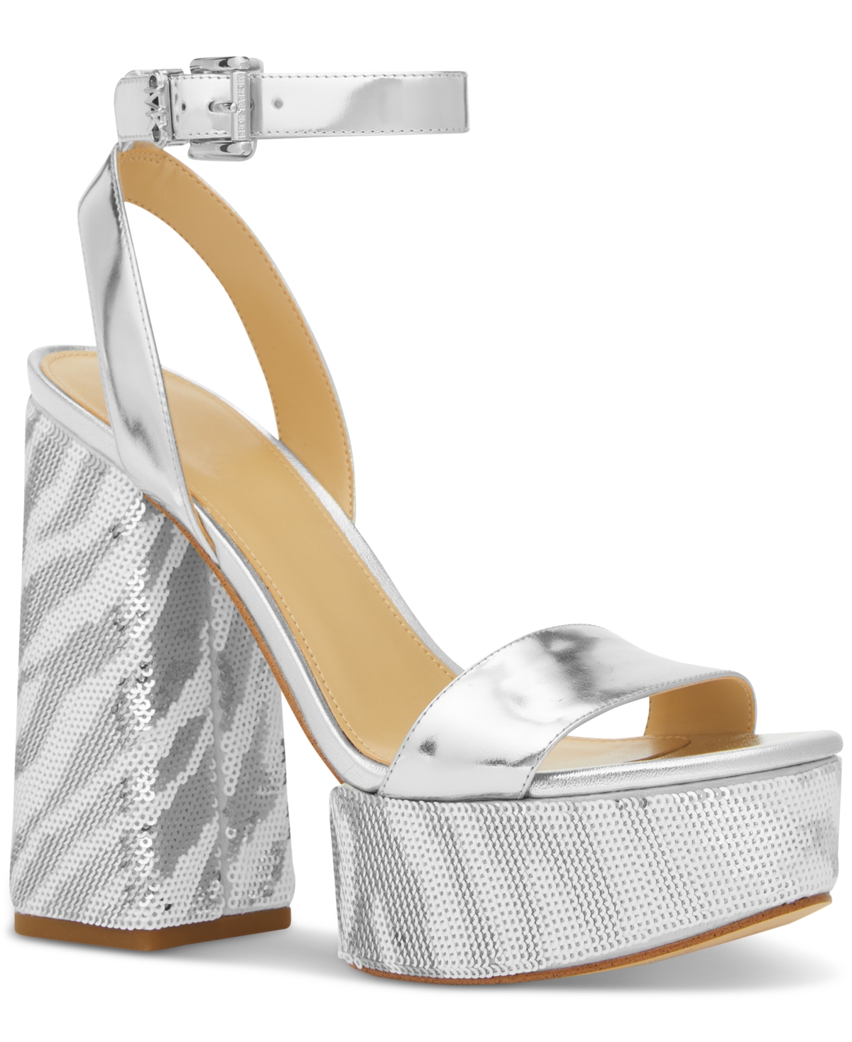 Shop Michael Kors Michael  Women's Ashton Zebra Sequin High Heel Platform Sandals In Optic White,silver