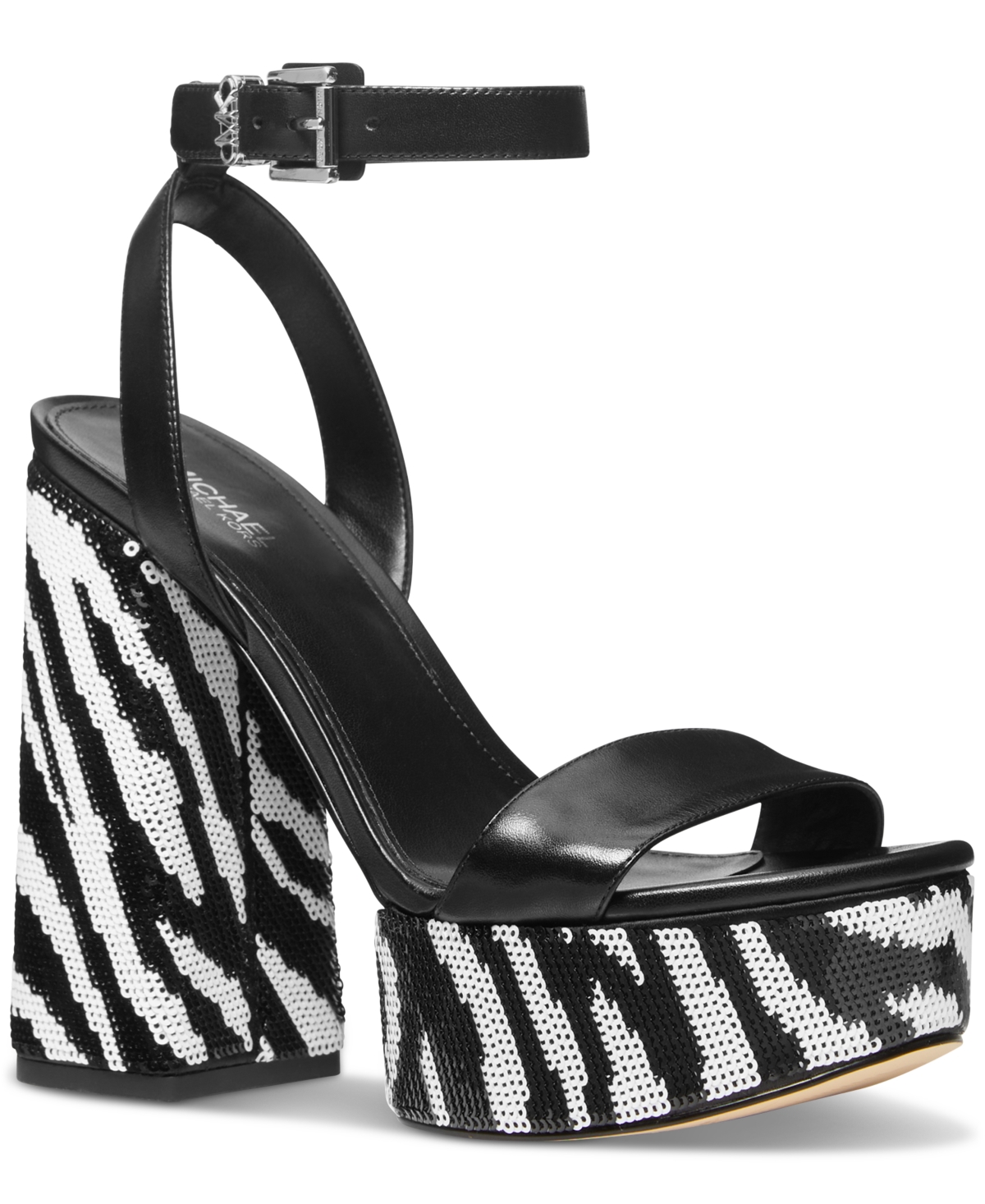 Shop Michael Kors Michael  Women's Ashton Zebra Sequin High Heel Platform Sandals In Black,optic White