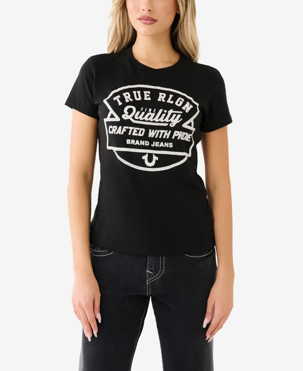 True Religion Women's Shorts Sleeve Crystal Logo Crew T-shirt In Jet Black