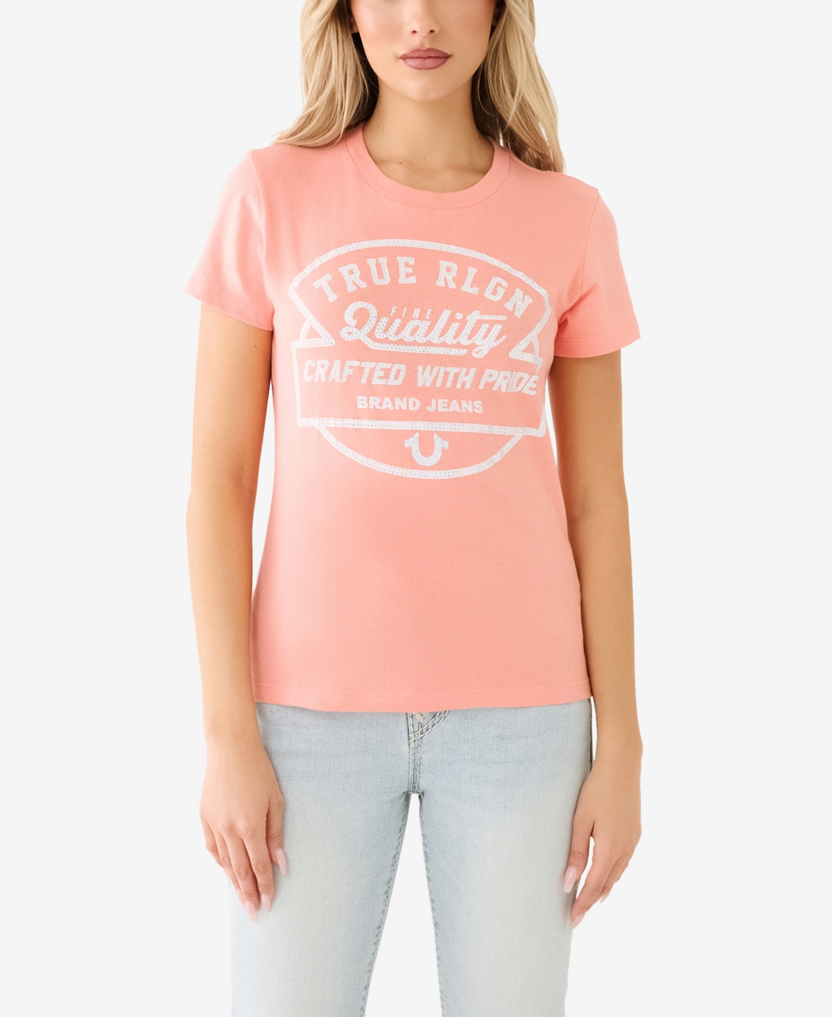 True Religion Women's Shorts Sleeve Crystal Logo Crew T-shirt In Burnt Coral