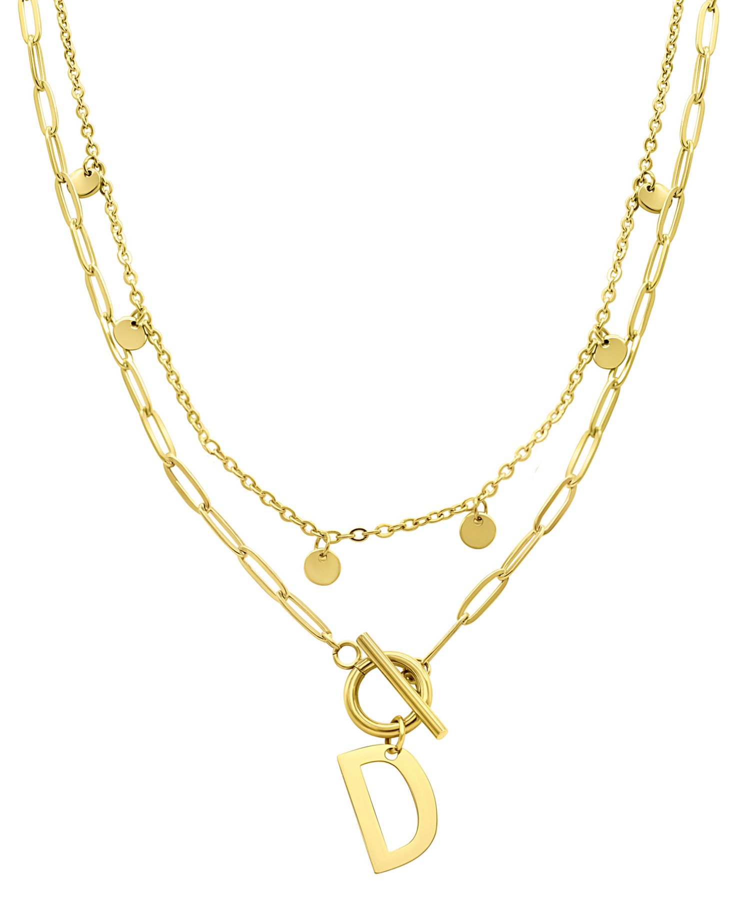 Tarnish Resistant 14K Gold-Plated Confetti and Paperclip Layered Initial Toggle Necklace