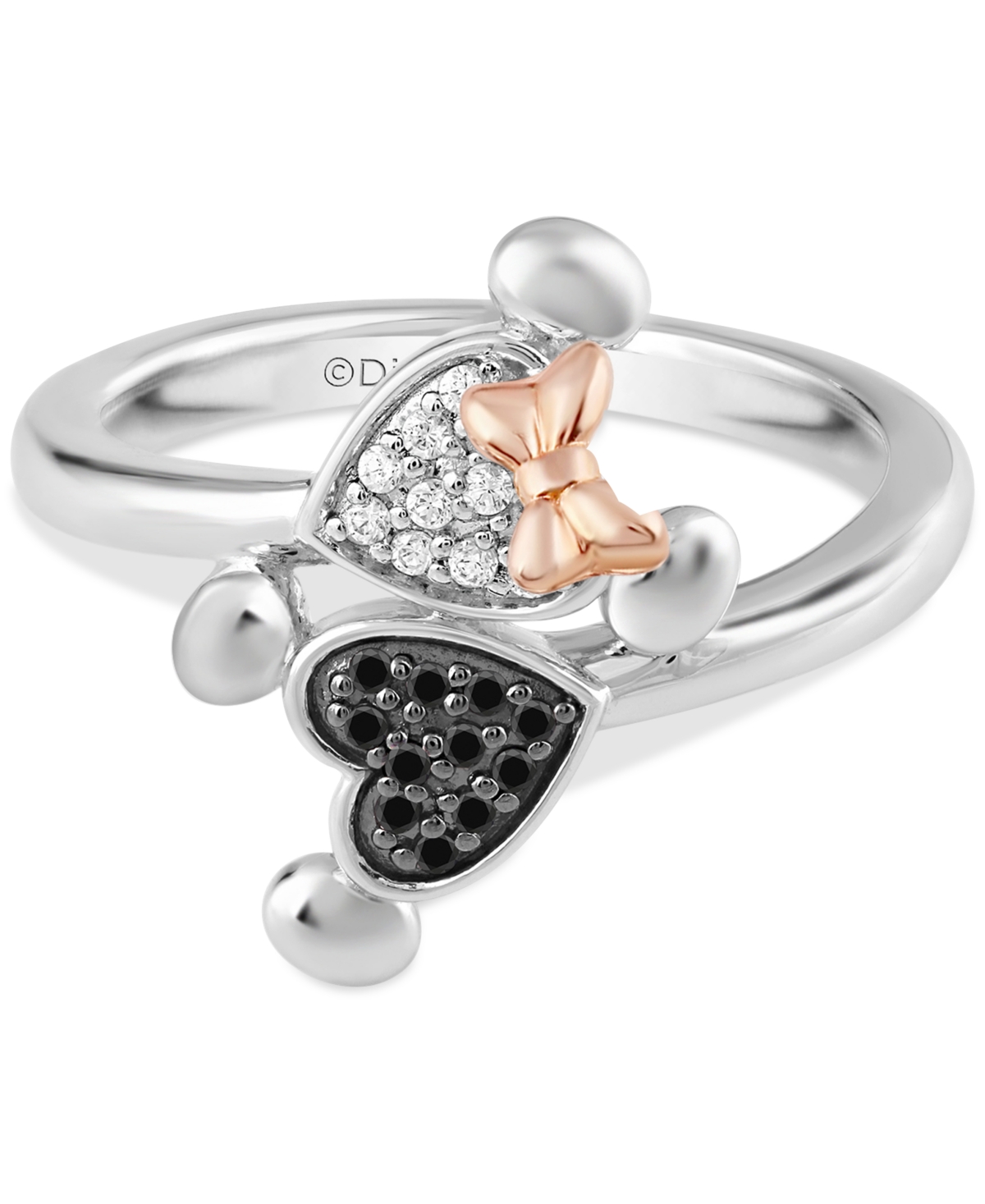 Shop Wonder Fine Jewelry Black & White Diamond Minnie & Mickey Mouse Bypass Ring (1/5 Ct. T.w.) In Sterling Silver & Rose Gol In Sterling Silver  Rose Gold-plate