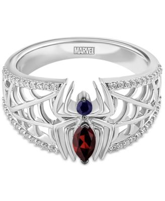 Marvel Garnet (1/4ct. t.w.) Sapphire (1/20 ct. t.w.) & Diamond (1/6 ct. t.w.) Spiderman Ring in Sterling Silver