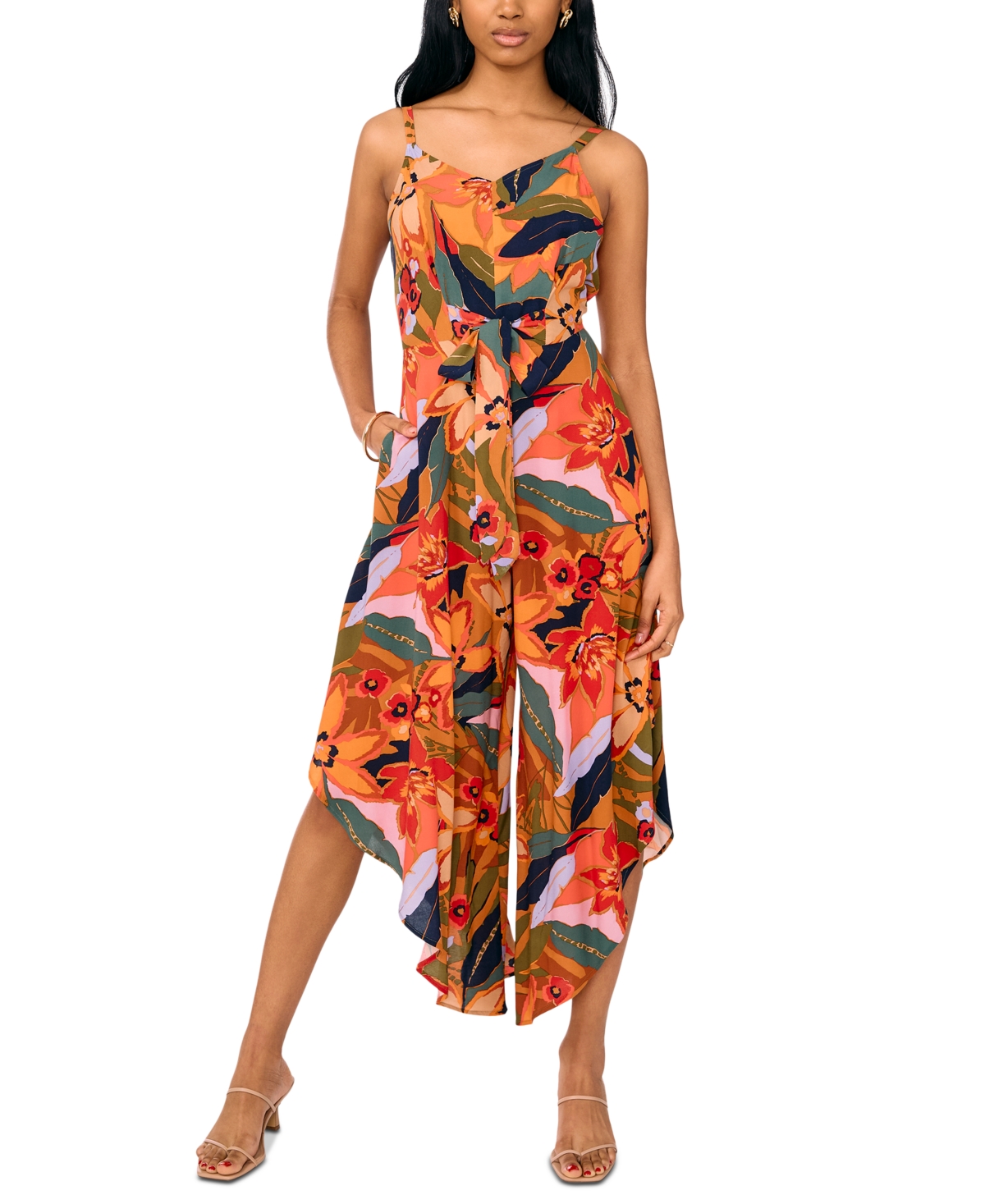 Women's Tropical-Print Tie-Waist Jumpsuit - Olive Multi