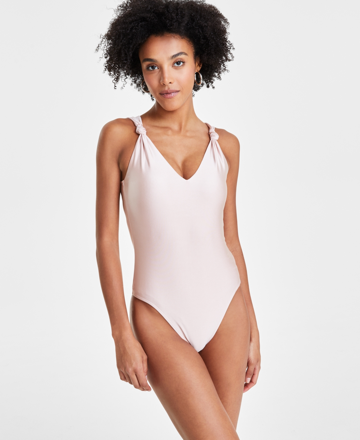 Shop Bar Iii Women's Knotted-strap Thong-back Bodysuit, Created For Macy's In Polished Nude