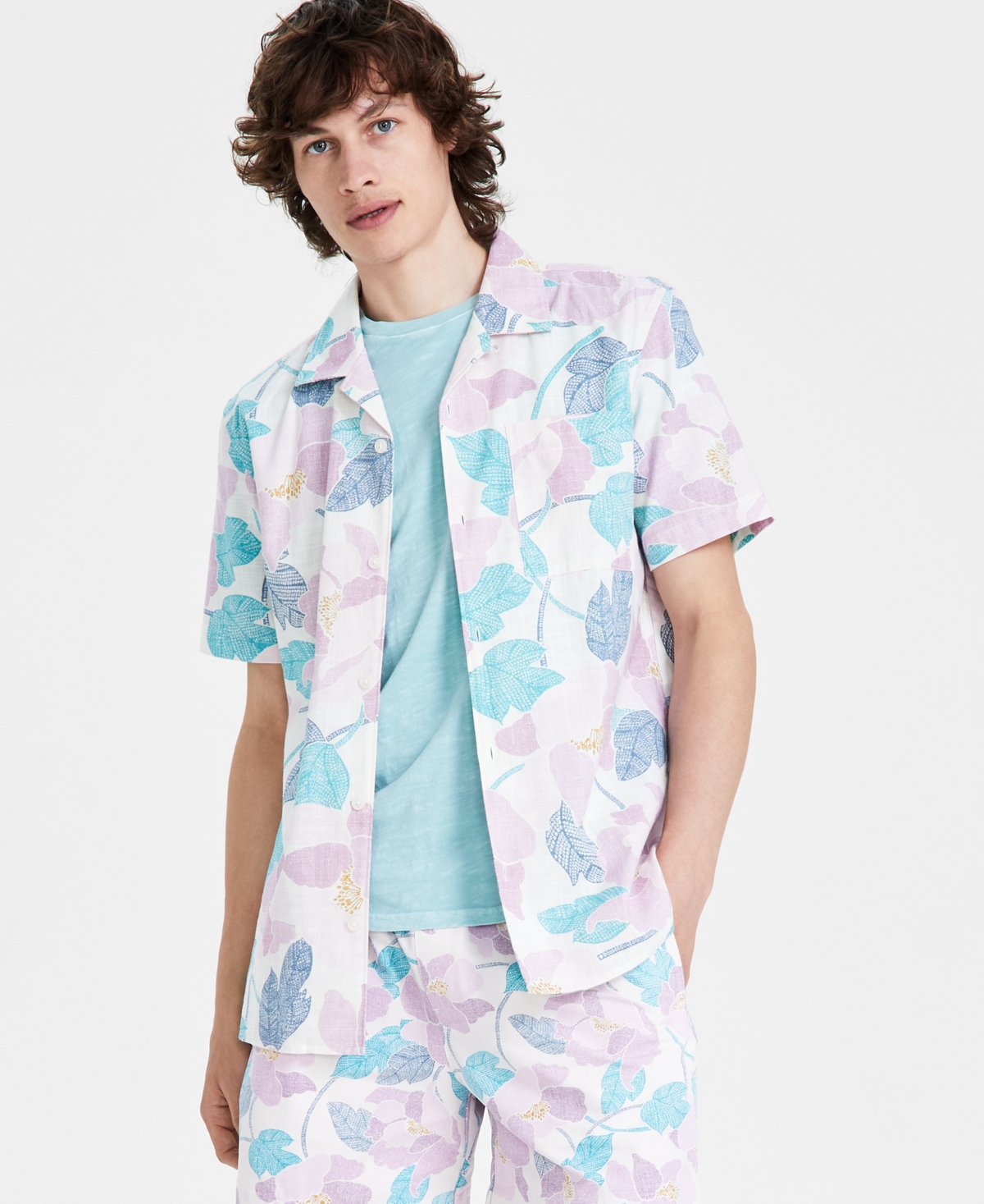 Men's Archie Regular-Fit Leaf-Print Button-Down Camp Shirt, Created for Macy's - Orchid Bouquet
