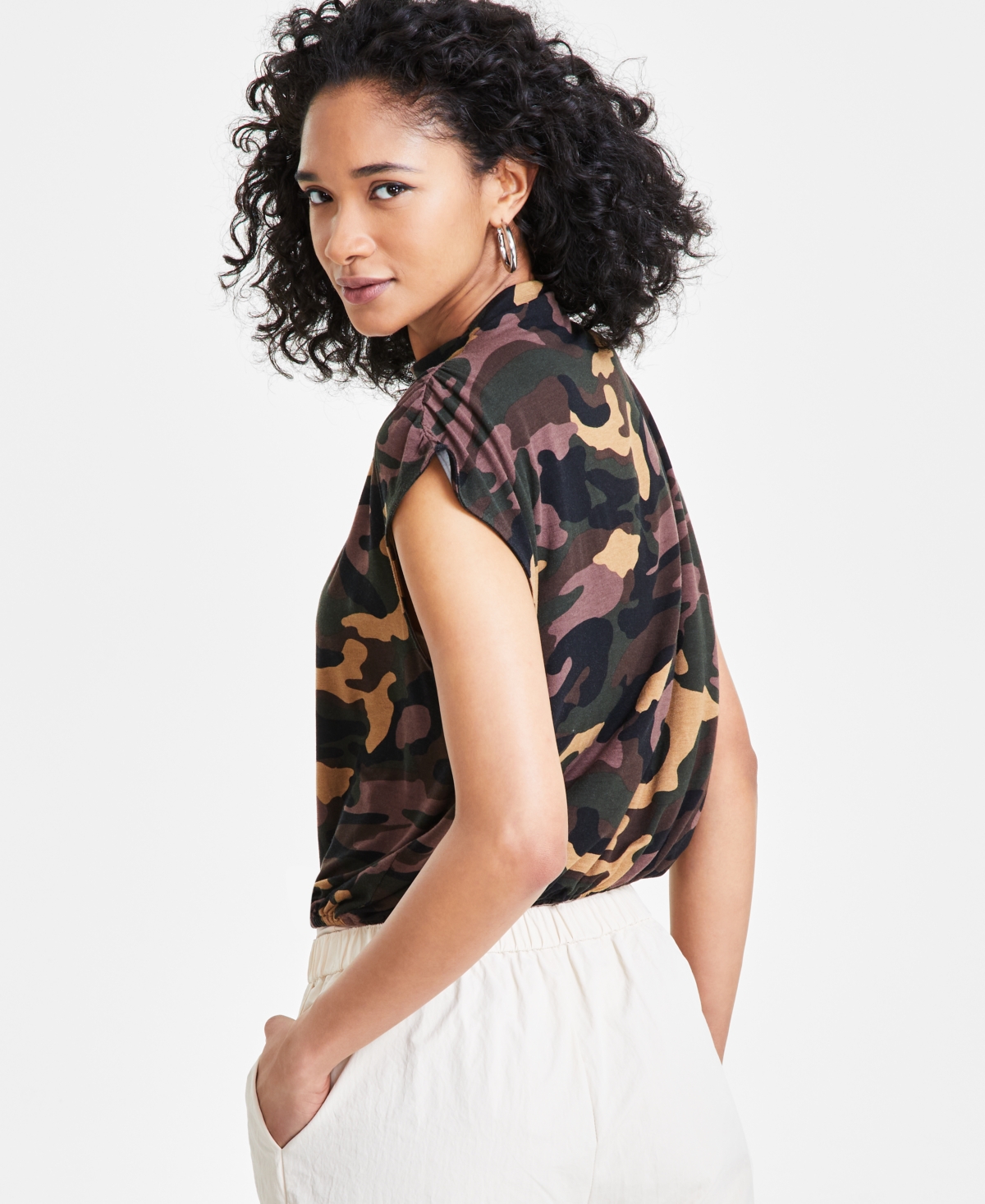 Shop Bar Iii Women's Camo-print Elastic-hem Blouson Top, Created For Macy's In Camilla Camo A