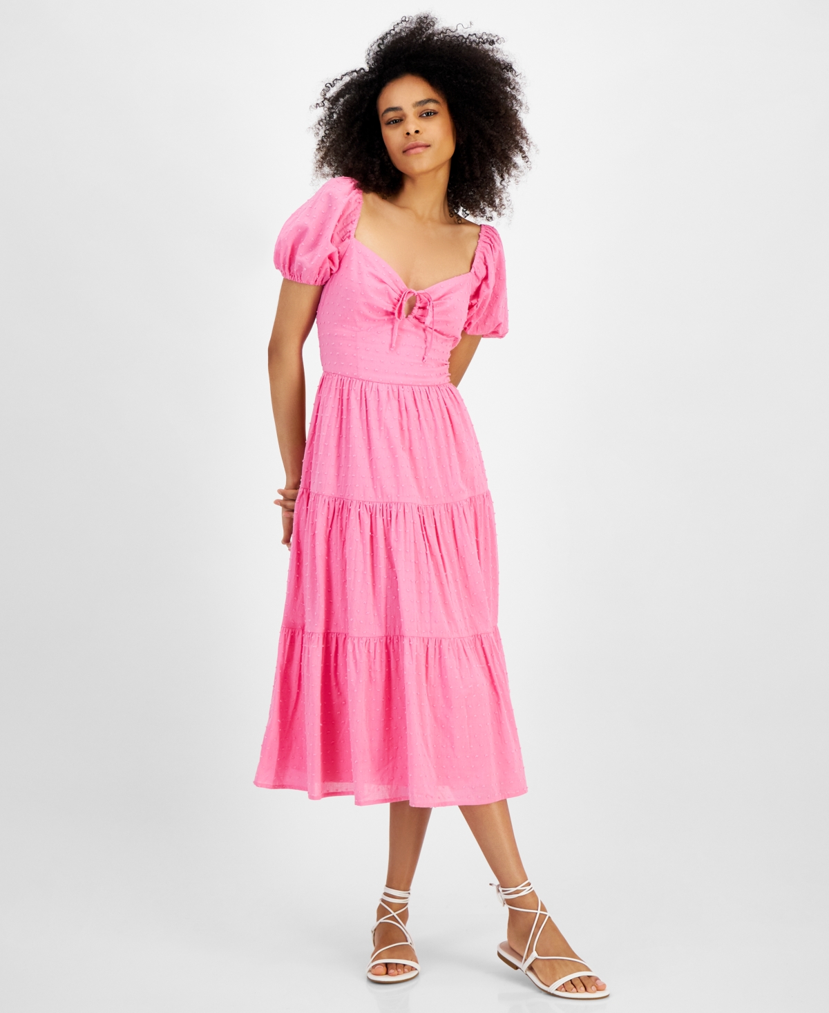 Juniors' Textured Puff-Sleeve Tiered Midi Dress - Pink