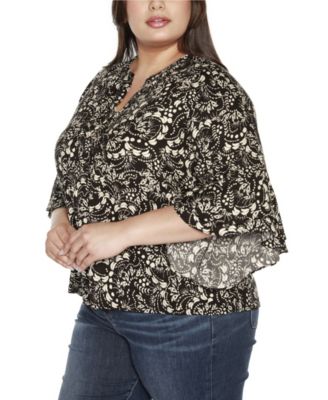 Black Label Plus Size Printed Ruffle Sleeve Top