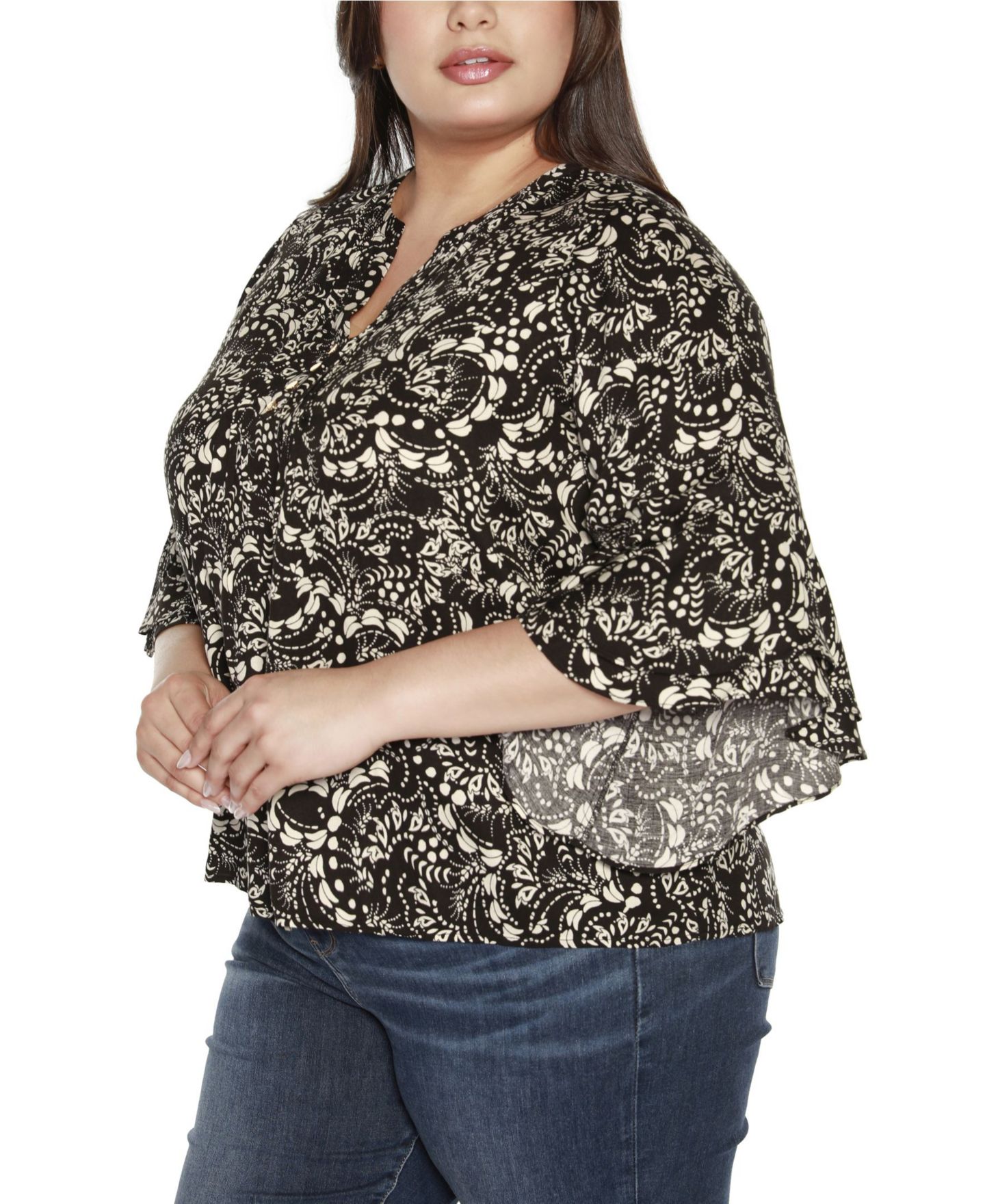 Женский топ Belldini Black Label Plus Size Printed Ruffle Sleeve, цвет: Чёрный — фото 3