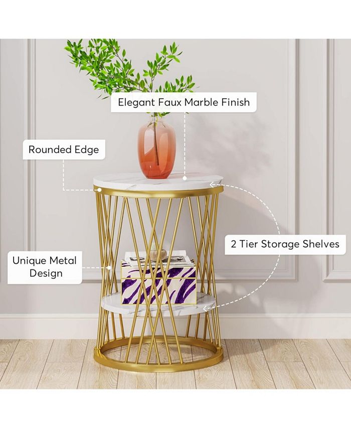 Tribesigns Round Side Table White Gold End Table 2-Tier End Table Modern Bedside Table Small Side Table With Storage For Couch Side Sofa Side Table With Metal Frame For Living Room