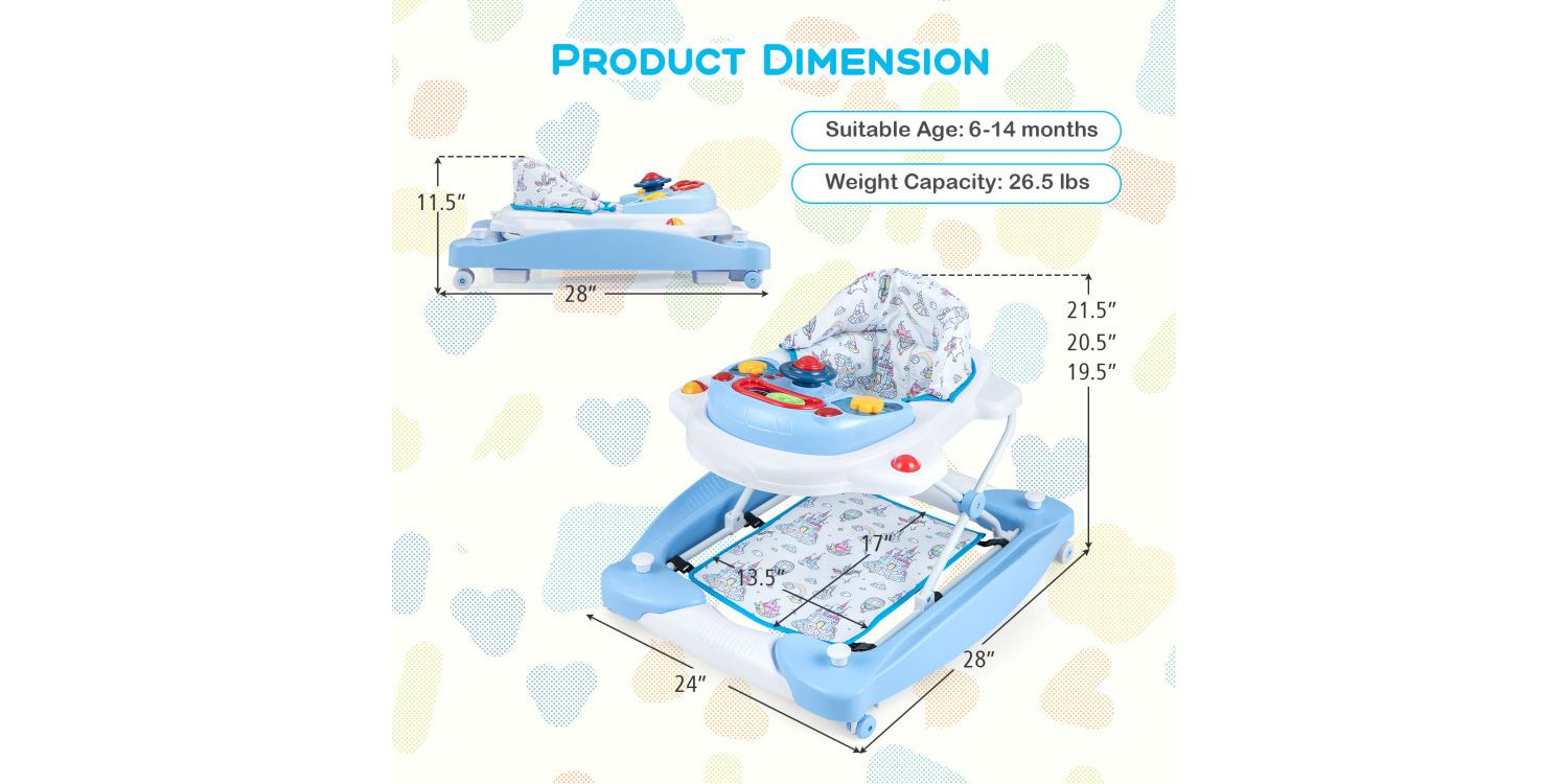 Foldable 6 in 1 Baby Walker with Adjustable Height for Infant Mobility and Play