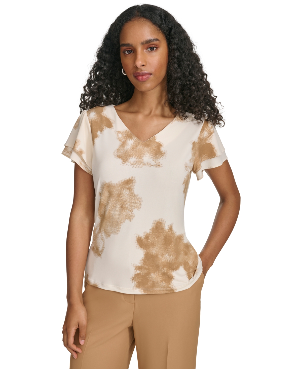 Calvin Klein Petite Printed V-neck Double-tiered-sleeve Blouse In Pristine,luggage