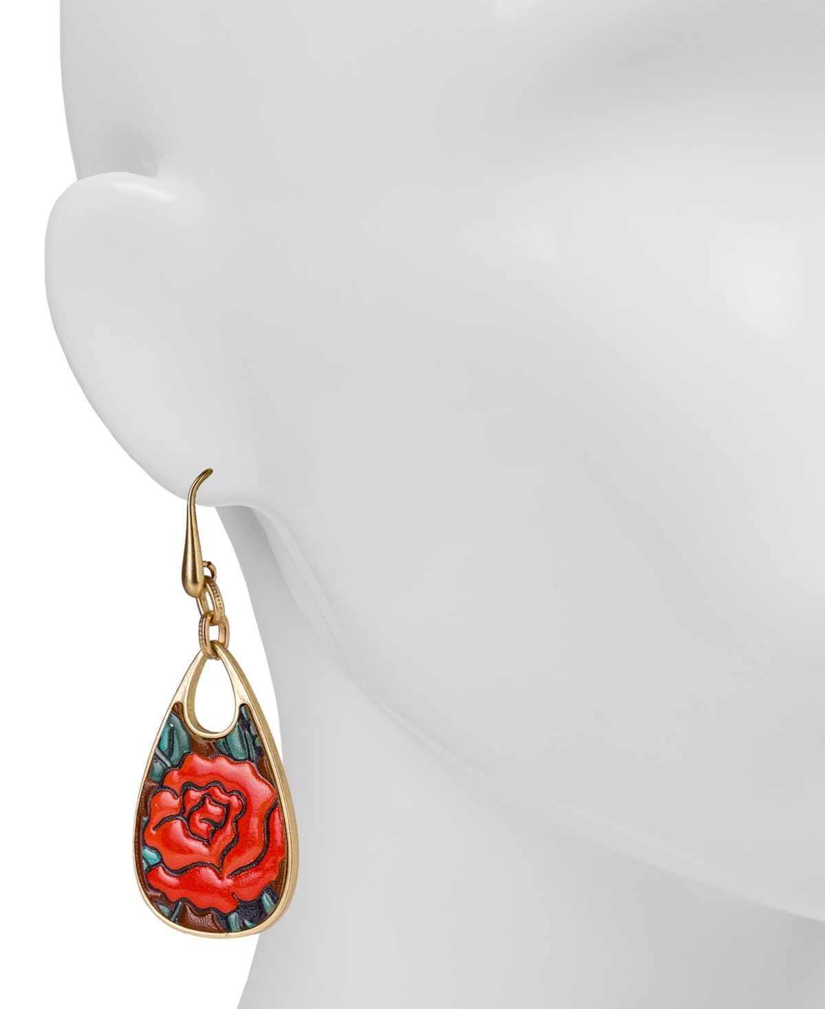 Shop Patricia Nash Gold-tone Rose Printed Leather Drop Earrings In Antique Go
