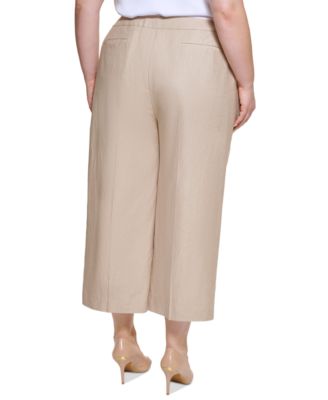 Plus Size 100% Linen Cropped Wide-Leg Pants