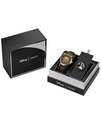 Eco-Drive Men's Mickey Mouse Fanfare Brown Leather Strap Watch 40mm Gift Set