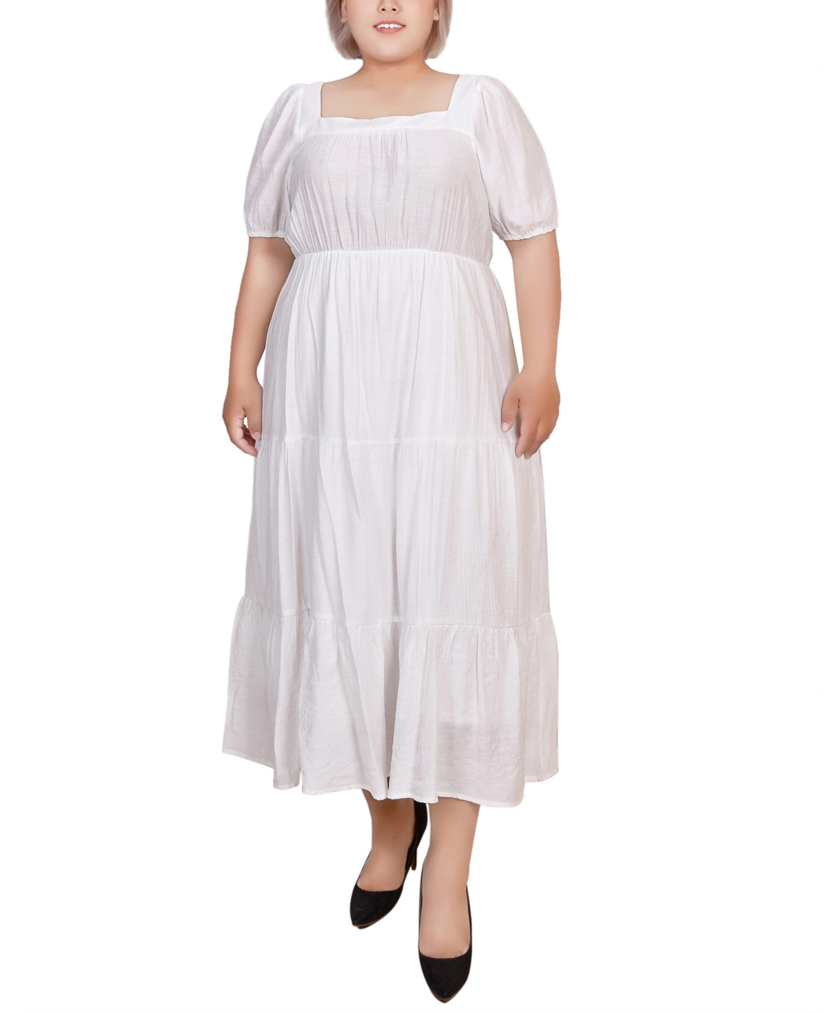 Ny Collection Plus Size Short Sleeve Tiered Midi Dress In White