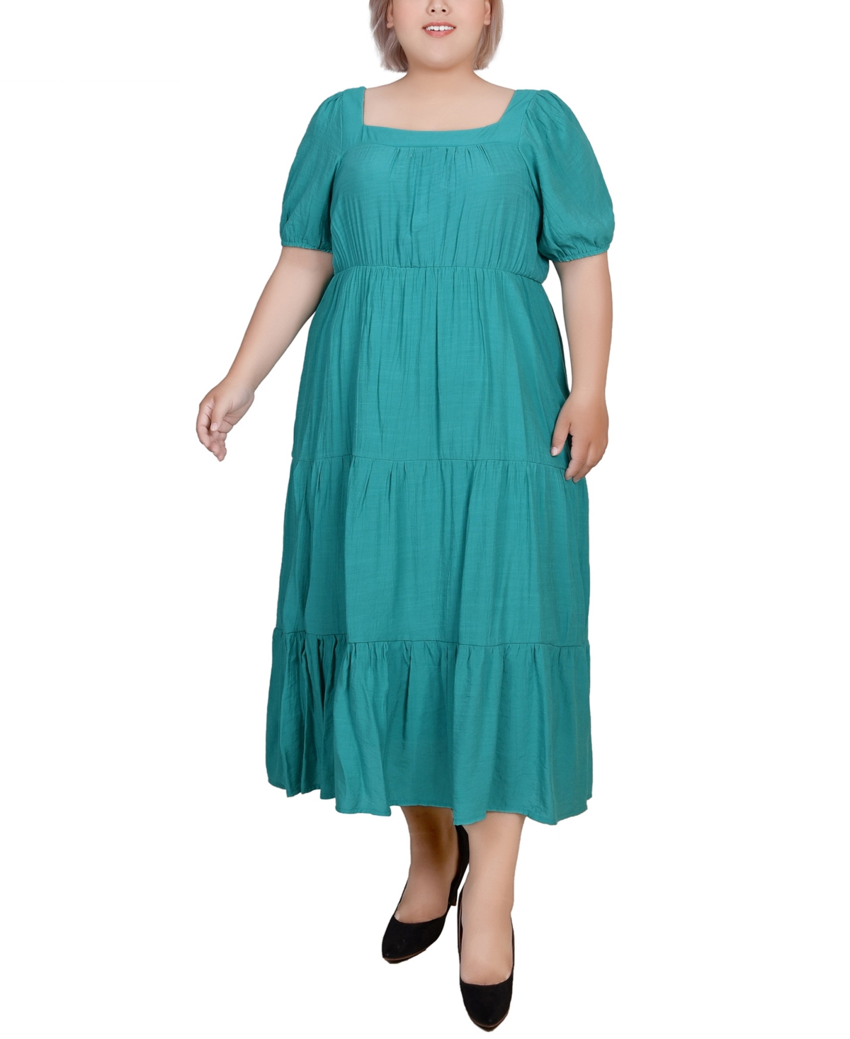 Ny Collection Plus Size Short Sleeve Tiered Midi Dress In Teal