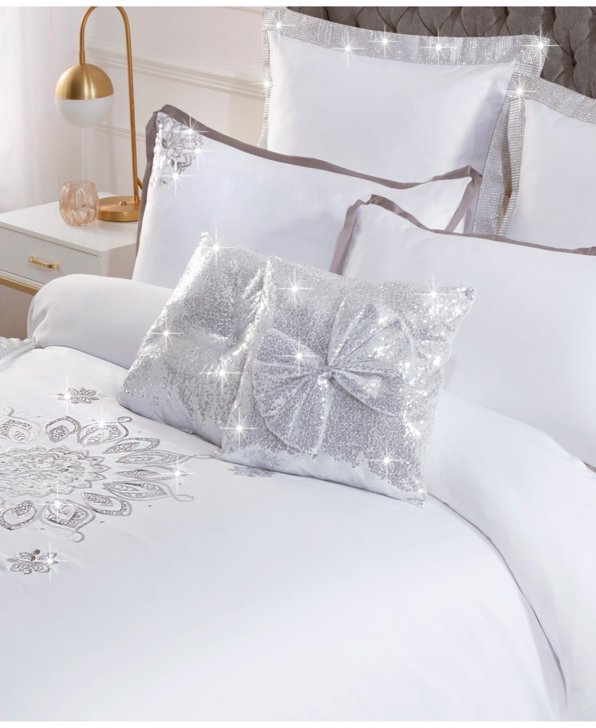 By Caprice Home Hollywood Bow Sequin Rouched Pair of Bedroom Cushions