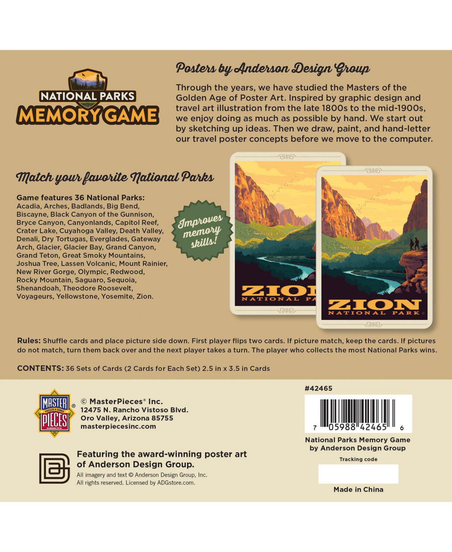 Детская игрушка MasterPieces Puzzles Masterpieces National Parks Memory Game, 72 Cards, Ages 14+ — фото 2