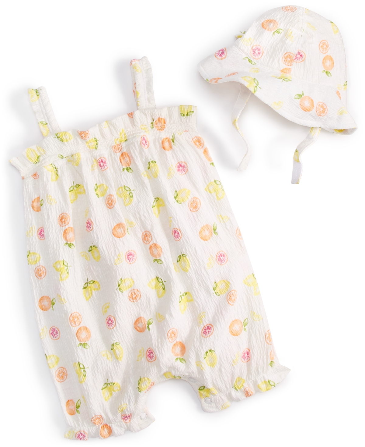 Shop First Impressions Baby Girls Soft Citrus Printed Romper & Hat, 2 Piece Set, Created For Macy's In Angel White
