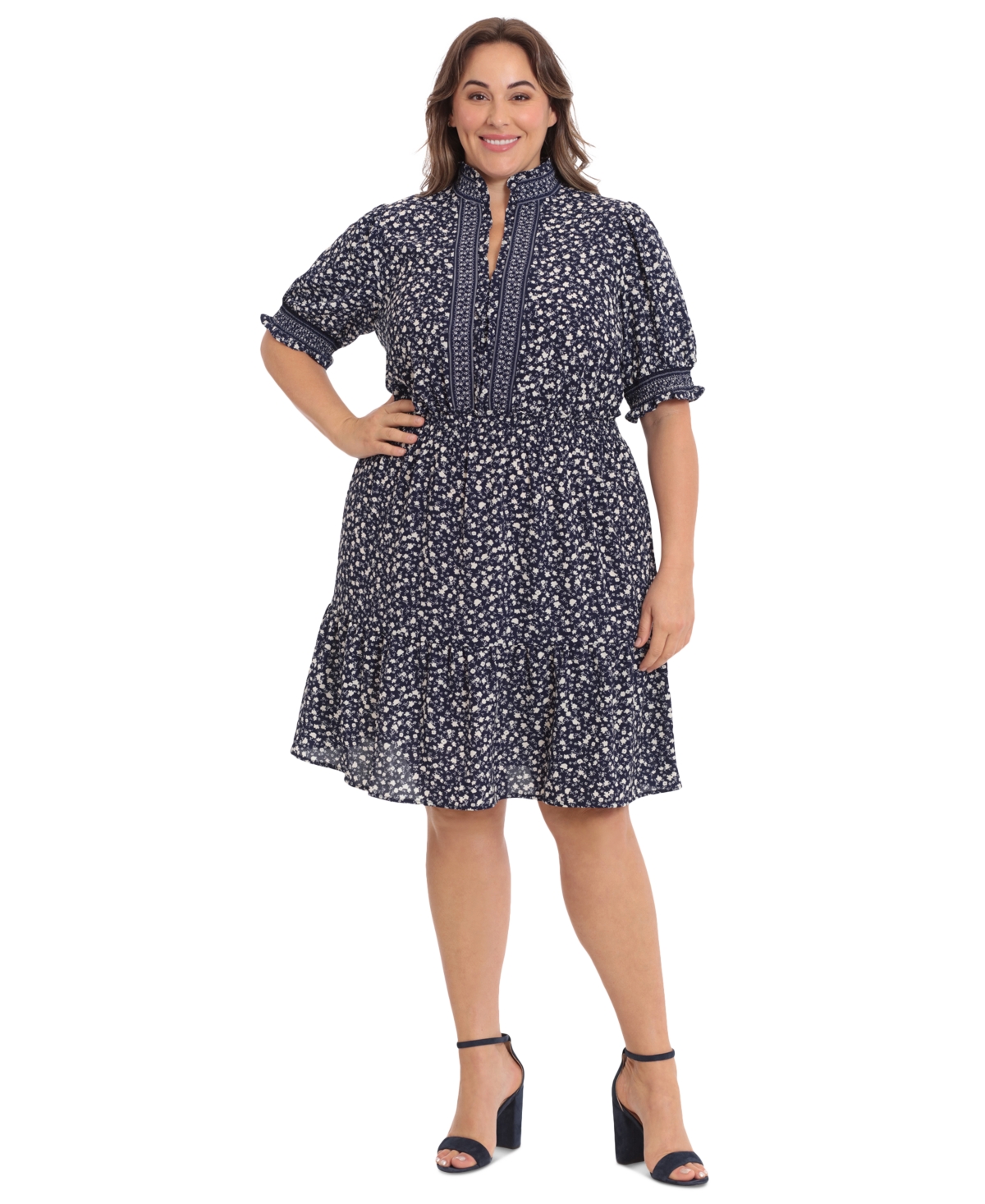 London Times Plus Size Printed Short-sleeve Shift Dress In Navy White